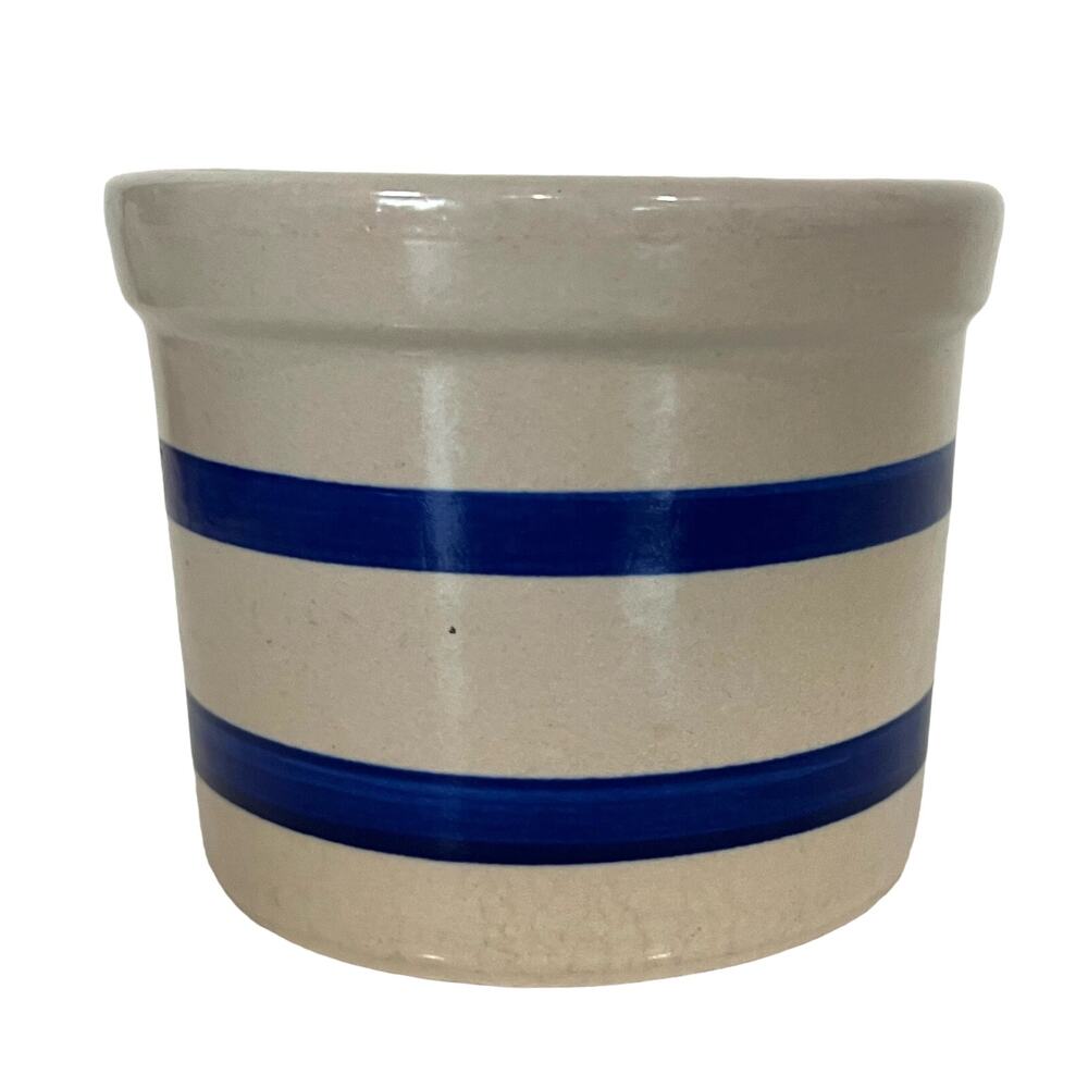 RRP Co Roseville Ohio Pottery Jar Short 3.5” Crock Blue Stripe Cottage Country